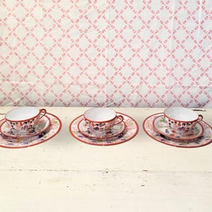 Vintage Japanese Eggshell Porcelain Tea Set | Colorful Geisha Patterns | Set of 3 Cups, Saucers, and Plates