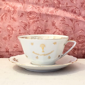Limoges “Communion Souvenir” chocolate cup with Bavaria saucer – antique shabby chic gold porcelain