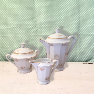 Vintage Limoges Tea Set – White and Gold Porcelain – 3 Pieces: Teapot, Sugar Bowl, Milk Jug – 1950s French Elegance