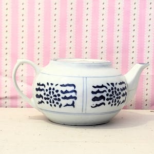 Antique blue and white Chinese porcelain teapot - hand-painted ceramic, wabi-sabi decor, vintage tea item