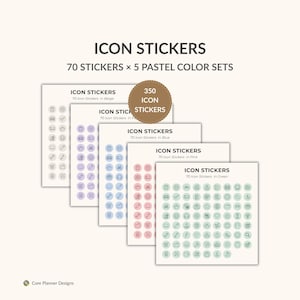 Pegatinas de iconos en colores pastel para agenda digital: GoodNotes, iPad (descarga PNG, 350 iconos)