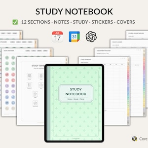 Peut inclure: Cahier d'étude numérique avec 12 sections, comprenant des notes, des études, des autocollants et des couvertures. Le cahier a une couverture vert clair avec un motif et le texte "Study Notebook". Comprend des autocollants et des modèles.