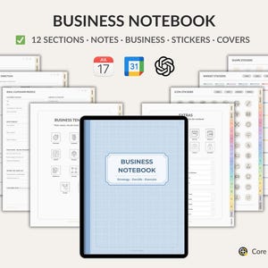 May include: A digital business notebook with a light blue cover and the title "BUSINESS NOTEBOOK". The notebook includes 12 sections, notes, business templates, stickers, and covers. The image also shows calendar icons and the text "Core Planner Designs".