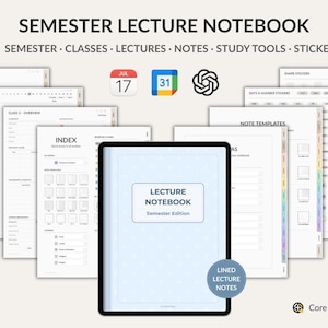 May include: Digital semester lecture notebook with various templates, including assignment trackers, class overviews, and note templates. The notebook features a light blue cover with the text "Lecture Notebook" and "Semester Edition". Includes stickers and study tools.