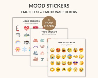 Digital Mood Stickers: Emoji, Text, Icon Planner Stickers (61 PNGs)