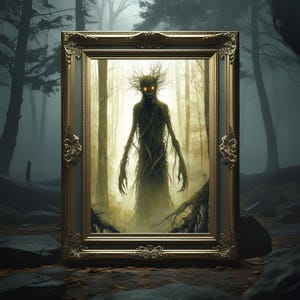 May include: A framed artwork depicting a haunting forest scene. The image features a gnarled, humanoid figure composed of branches and vines with glowing yellow eyes, set against a misty backdrop of trees. The ornate gold frame adds a touch of elegance.
