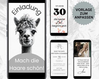 Grappige geanimeerde digitale verjaardagsuitnodiging, alpaca-video eCard, Canva-sjabloon, WhatsApp-uitnodiging, direct downloaden