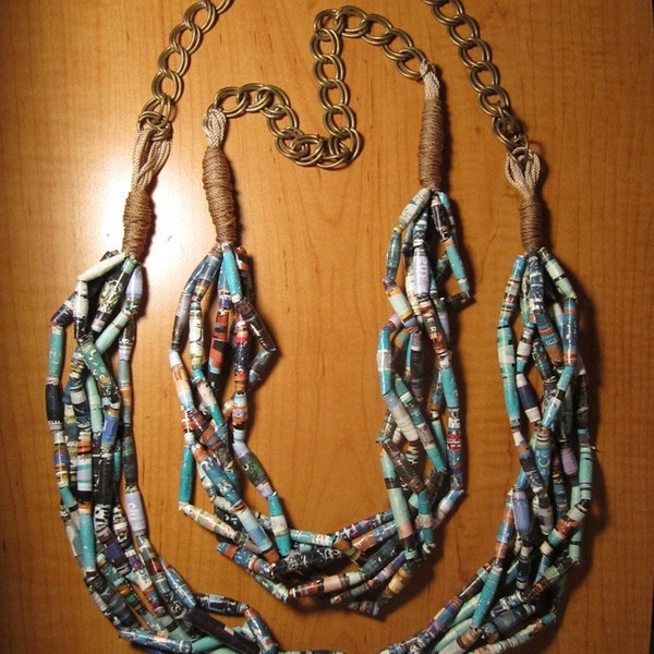 Recycled Magazine Paper Necklace - Long Turquoise