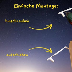 May include: Image showing the steps for simple assembly. The text "Einfache Montage:" is at the top. The steps are "hinschrauben" and "aufschieben" with arrows pointing to the assembly parts. A power drill is shown in the first step.