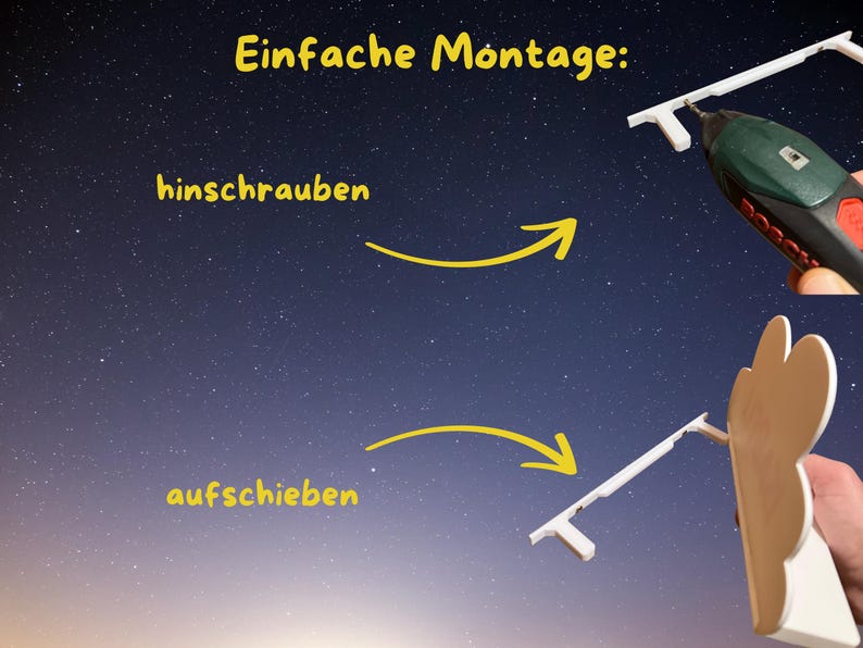 May include: Image showing the steps for simple assembly. The text "Einfache Montage:" is at the top. The steps are "hinschrauben" and "aufschieben" with arrows pointing to the assembly parts. A power drill is shown in the first step.
