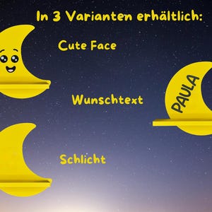 May include: Yellow crescent moon-shaped shelf with three design options: a cute face, a customizable text area, and a plain design. The text "In 3 Variants available" is at the top. The background is a starry night sky.
