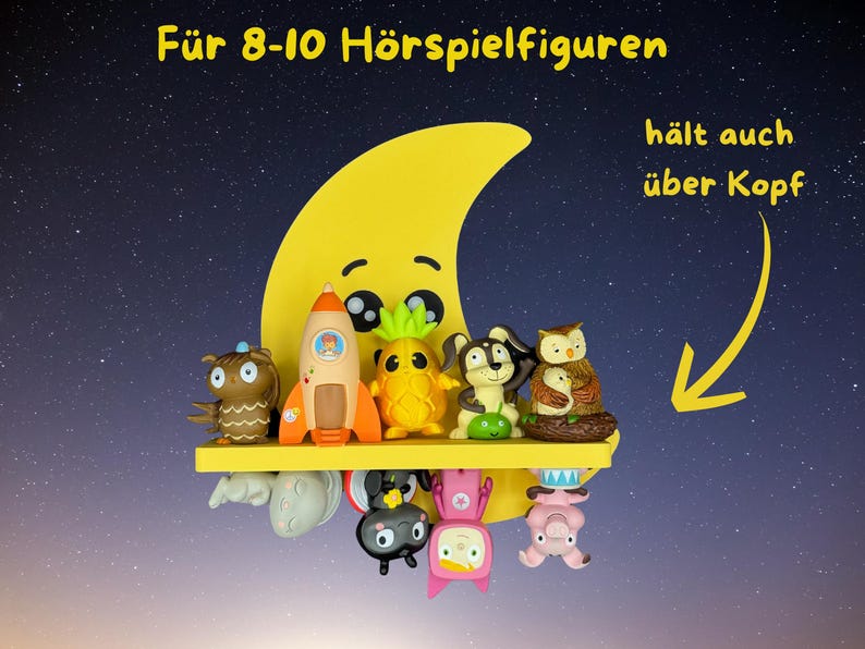 May include: A yellow crescent moon shelf with cartoon figurines, including an owl, rocket, pineapple, dog, and another owl. The shelf is designed to hold 8-10 figurines. The background is a starry night sky.