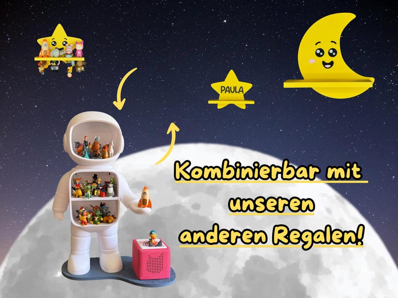 May include: A whimsical display featuring a white astronaut-shaped shelf filled with figurines, a star-shaped shelf, and a crescent moon shelf. The shelves are set against a starry night sky backdrop, with the word "Paula" on a star-shaped shelf.