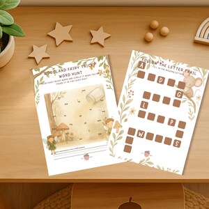 Op de afbeelding: Twee educatieve werkbladen voor kinderen. E&eacute;n blad is een woordzoeker met de tekst "Woodland Fairy Tricky Word Hunt". Het andere blad is een letterpad met een muisillustratie en de tekst "Follow the Letter Trail".