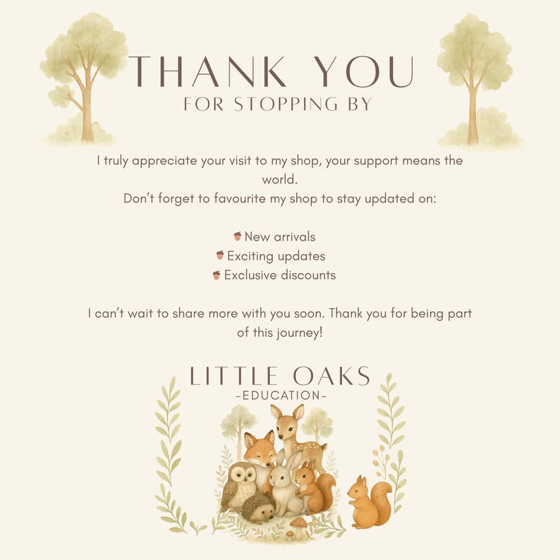 Op de afbeelding: Een beige kaart met de tekst "THANK YOU FOR STOPPING BY" en een aquarel illustratie van bomen en bosdieren. De kaart bevat ook tekst over nieuwe items, updates en exclusieve kortingen.