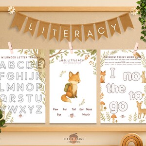 Op de afbeelding: Een educatieve display met houten frame met drie werkbladen voor kinderen. De bladen bevatten het traceren van letters, het labelen van een vos en een woordjacht. De banner hierboven luidt "LITERACY". Het thema is bosdieren en leren.