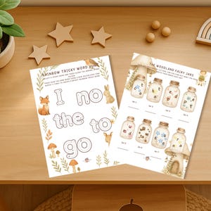Op de afbeelding: Twee afdrukbare werkbladen voor kinderen. E&eacute;n blad heeft de titel "Rainbow Tricky Word Hunt" met de woorden "I no the to go" en illustraties van een vos, konijn en paddenstoelen. Het andere blad heeft de titel "The Woodland Fairy Jars".