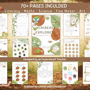 Può includere: Una raccolta di schede didattiche per bambini, con illustrazioni di insetti e natura. Le pagine coprono alfabetizzazione, matematica, scienze e arte. Il testo include "70+ PAGES INCULDED" e "MINIBEAST EXPLORERS". Progettato da un insegnante esperto.