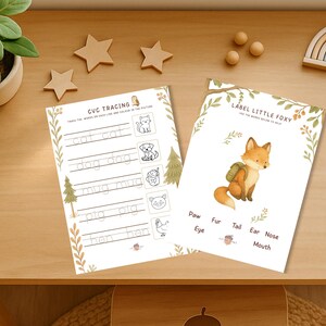 Op de afbeelding: Twee educatieve werkbladen voor kinderen. E&eacute;n bevat CVC-traceeroefeningen met illustraties van een kat, hond, mok, varken en kip. Het andere werkblad is getiteld "Label Little Foxy" met een vosillustratie en woordenschat.