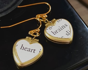 Heart & Brains locket earrings, heart locket earrings, introvert earrings, vintage paper locket, dark academia gift, book gift