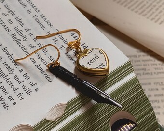 Ink & Quill Mismatched Earrings – Vintage Pen Nib and Heart Locket, For Writers, Poets, and Scholars of the Written Word