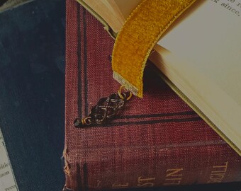 Chartreuse Khaki 5/8” Velvet Ribbon Bookmark with Black Rose & Filigree Accents, Academia Accessory - Retro Book Gift