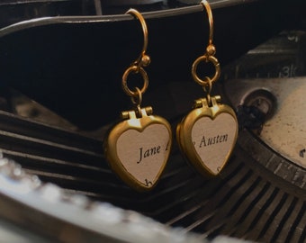 Jane Austen locket earrings, heart locket earrings, Jane Austen jewelry, vintage paper locket, dark academia gift, book gift, reader gift