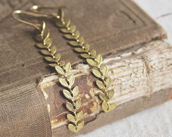 Boho botanical raw brass leafy chevron chain dangle earrings, lightweight earrings, chain earrings, plant mom gift, vine earrings