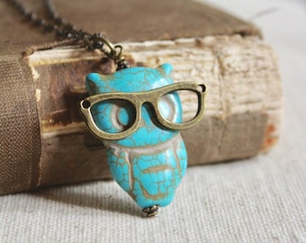 Turquoise owl wearing bronze eyeglasses pendant necklace, long necklace, owl jewelry, optical jewelry, optician jewelry, Presbyopic Owl