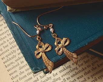Coquette small bow and pearl charm earrings