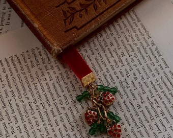 Cottage core strawberry velvet bookmark, velvet bookmark, reader gift, bookworm gift, cute bookmark, 12” bookmark, book gift, 3/8” bookmark