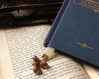 Velvet 3/8” Ribbon Bookmark, Ivory and Antique Gold Bow and Florals,  Bookish Gift
