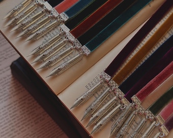 Deluxe velvet ribbon and rare vintage rose pen nib bookmark - dark academia bookish gift