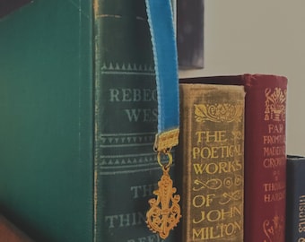 Peacock Blue 3/8” Velvet Ribbon Bookmark with Golden Filigree and Glass Bead Accents - Soft Textile Page Keeper for Avid Story Lovers