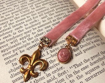 Velvet 3/8” Ribbon Bookmark, Fleur-de-lis and Cameo,  Bookish Gift