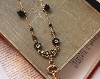Romantic black and gold key and rose necklace, layering jewelry, skeleton key trinket