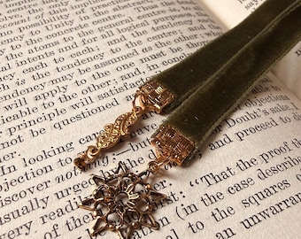 Velvet 3/8” Ribbon Bookmark, Ornate Golden Charms,  Bookish Gift
