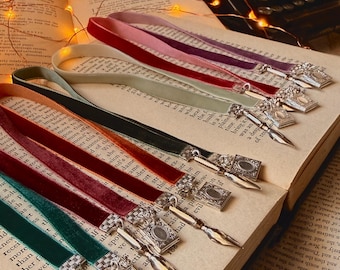 Colorful Velvet Ribbon Bookmarks with Vintage Pen nibs and book lockets– Luxury Reading Accessories for Book Lovers & Gift Givers