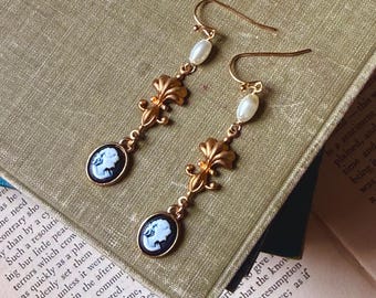 Black & Gold ornate tiny cameo drop earrings