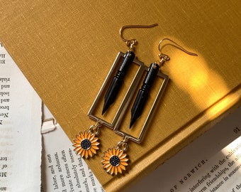 Vintage black pen nib & sunflower earrings, stainless, French pen nib earrings, vintage pen nib, writer gift, dark academia