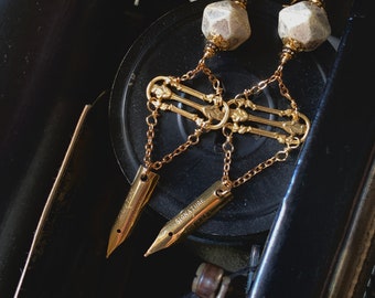 Ornate golden fountain pen earrings, pen nib earrings, fountain pen jewelry, pen nib jewelry, fountain pen jewelry, unique gift