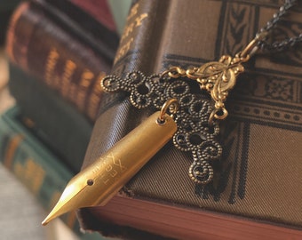 Gold tone vintage fountain pen necklace, Regal dip pen nib, pen nib necklace, pen nib jewelry, fountain pen nibs, writer gift, unique gift
