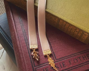 Palest Pink 3/8” Velvet Ribbon Bookmark with Devine Crystal Beads and Golden Accent - Novel Reader Gift