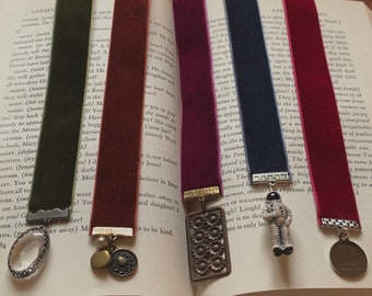 Velvet ribbon bookmark with charms, velvet bookmark, reader gift, bookworm gift, cute bookmark, 12” bookmark, book gift, 7/8 ribbon bookmark