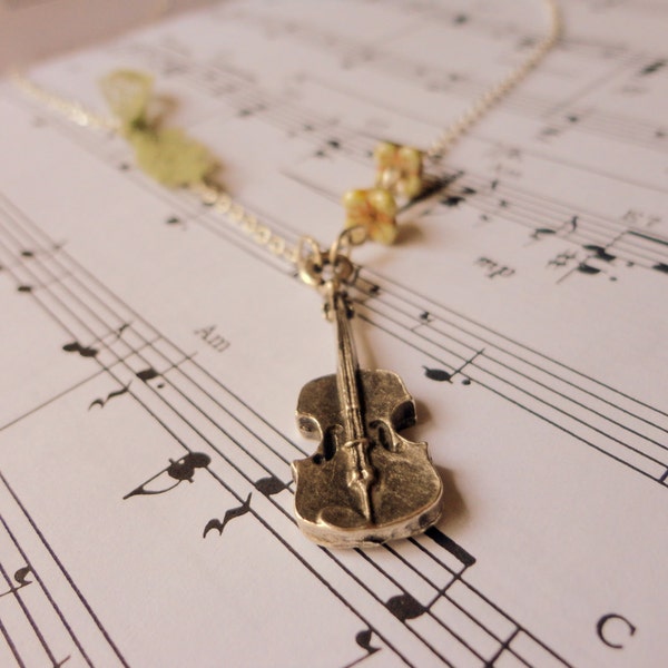 Notes on a Love Story classical music inspired violin or viola, cedar green lace, and flower necklace