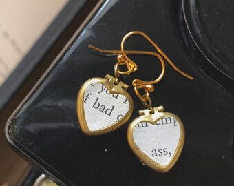 Badass locket earrings, heart locket earrings, vintage paper locket, dark academia gift, book gift, grad gift, funny gift