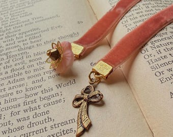 Velvet 3/8” Ribbon Bookmark with Bow and Floral Drops - Vintage Peach Pink Book Gift
