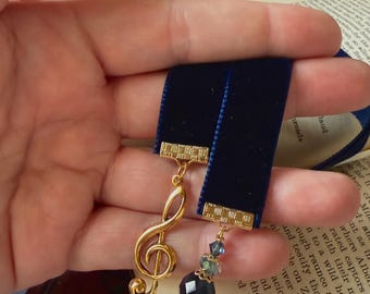 Navy Blue 5/8” Velvet Ribbon Bookmark with Treble Clef, Student Accessory - Musician and Reader Gift