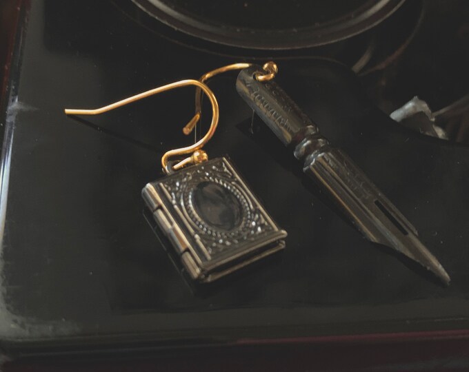 Black French Vintage Fountain Pen and Book Locket Earrings, Pen Nib