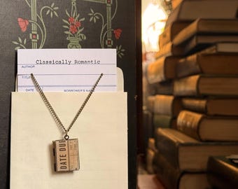 Library due date locket necklace, book lover gift, literary gift, dark academia locket, book jewelry, book necklace
